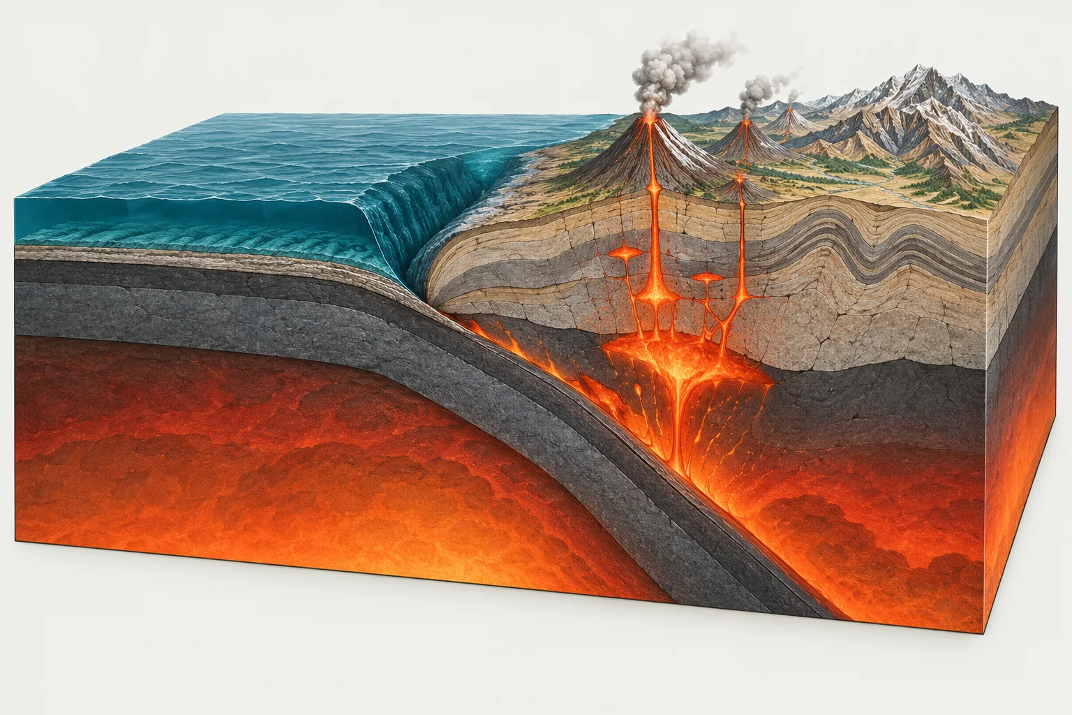 Plate tectonics diagram of a convergent boundary: an ocean plate sinks beneath a continent at a trench, feeding a chain of volcanoes