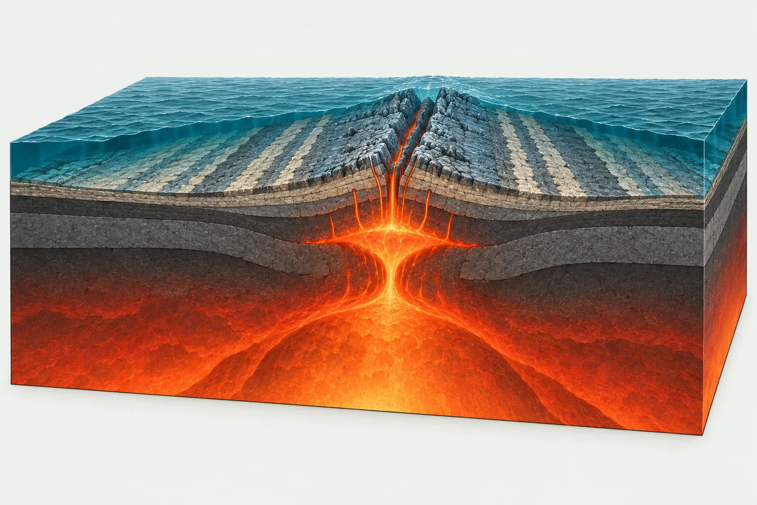 Plate tectonics diagram of a divergent boundary: two plates spread apart at a mid-ocean ridge as rising magma forms new sea floor